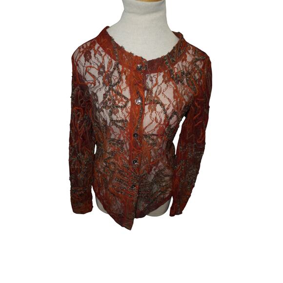 Vintage Sheer Burnt Orange Embroidered Lace Mesh Button-Up Top Boho Whimsy Goth - Picture 3 of 14